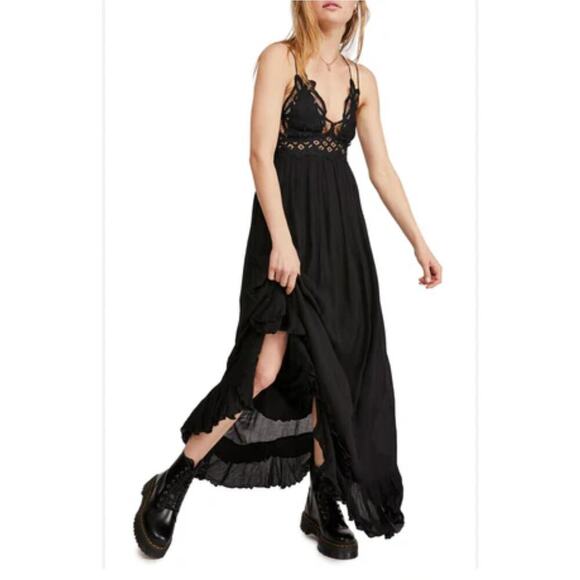 FP One Black Adella Maxi Slip Dress S Whimsigoth Boho Gauzy Lace Strappy Flowy - Picture 1 of 11
